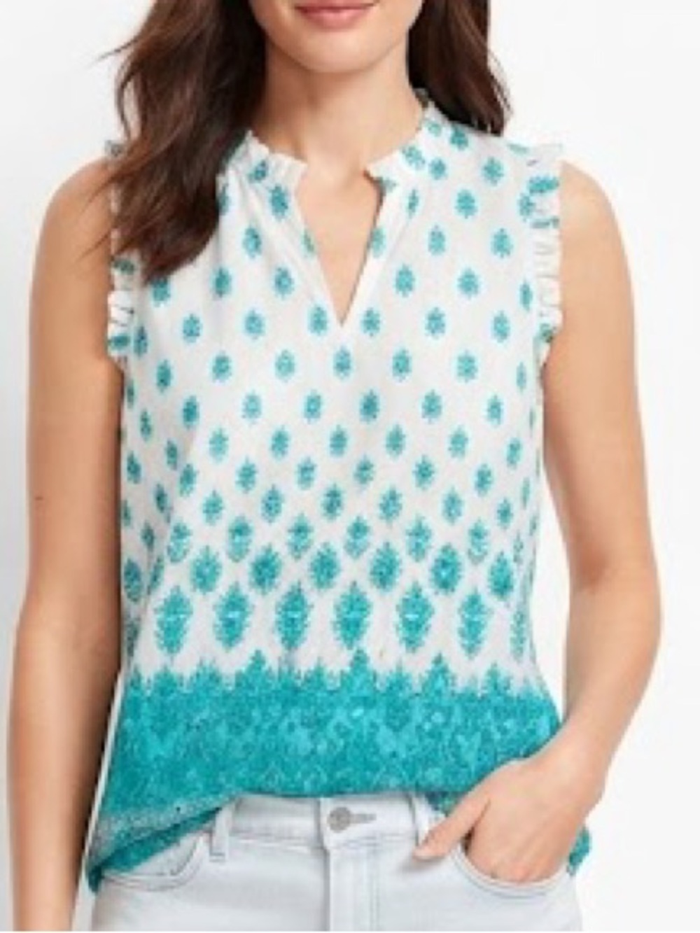 Talbot’s White and Teal Floral-Print Ruffle Sleevees Camisole